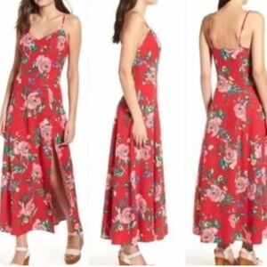 love fire Vibrant Red Floral Print V-neck Spaghetti Strap Maxi Dress M EUC